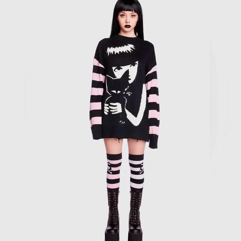 Dolls Kill Emily The Strange Brooding Besties Stripe Knit Sweater Pink Black Cat - Picture 2 of 8